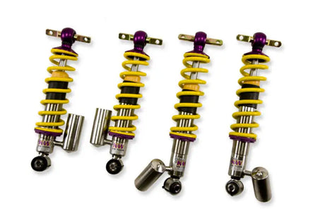Purple and yellow coilover shocks from KW Coilover Kit V3 Ford GT for better driving experience