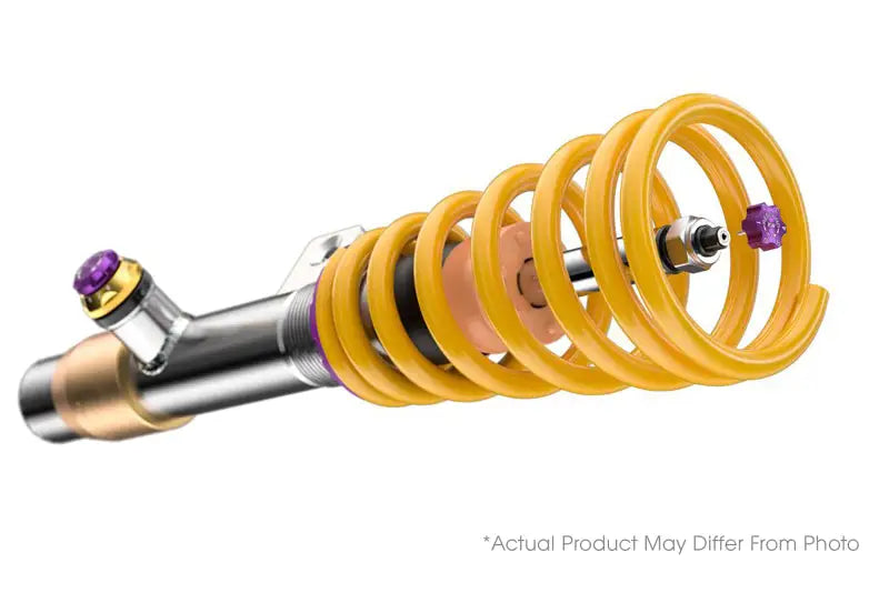 Yellow coilover shock absorber from KW Coilover Kit V4 Including M8 Competition with rebound damping