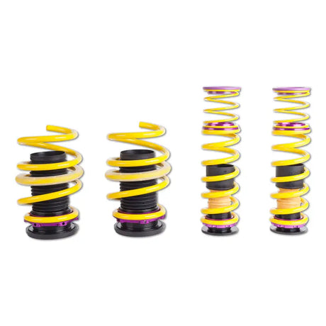 Yellow and purple height adjustable coilover suspension springs for lowering ride height in Audi RS3
