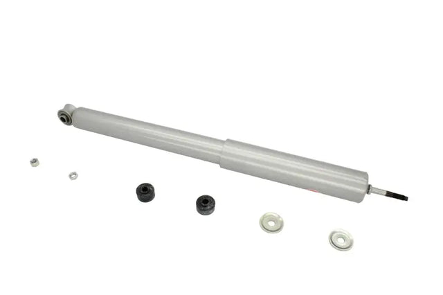 Silver shock absorber with mounting hardware for Ford Thunderbird, Lincoln Continental KYB Gas-A-Just
