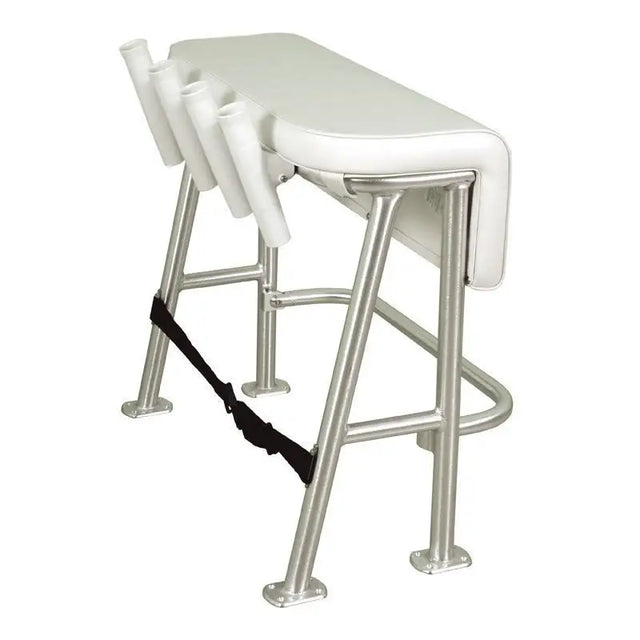 White cushioned leaning post with rod holders and white poly rod for fishing boats