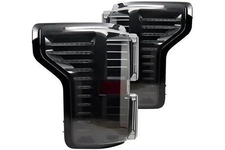 Black aftermarket LED tail lights with chrome accents for LF431 Morimoto Xb Ld Tails Fd F150
