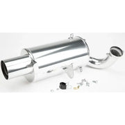 Polished silver lightweight muffler ceramic pol with angled intake pipe and mounting hardware