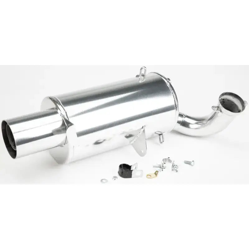Polished silver lightweight muffler ceramic pol with angled intake pipe and mounting hardware