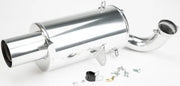 Polished silver lightweight muffler ceramic pol with angled intake pipe and mounting hardware