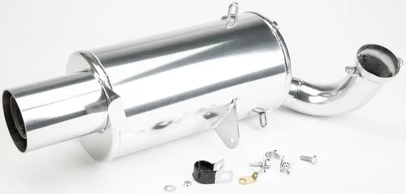 Polished silver lightweight muffler ceramic pol with angled intake pipe and mounting hardware
