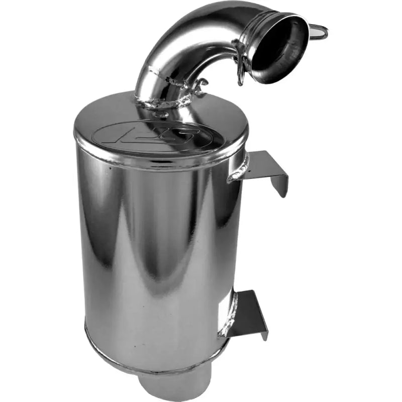Polished stainless steel coolant overflow reservoir with curved inlet pipe for lightweight silencer ceramic coated straightline performance
