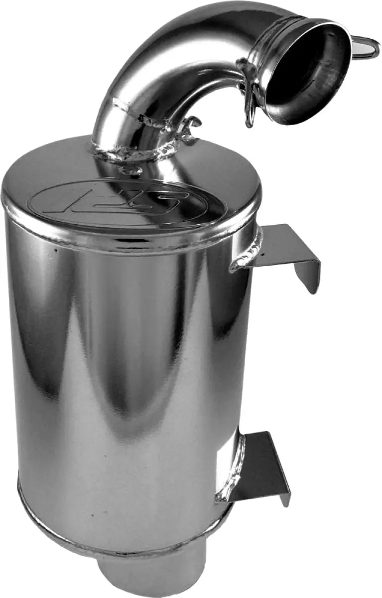 Polished stainless steel coolant overflow reservoir with curved inlet pipe for lightweight silencer ceramic coated straightline performance