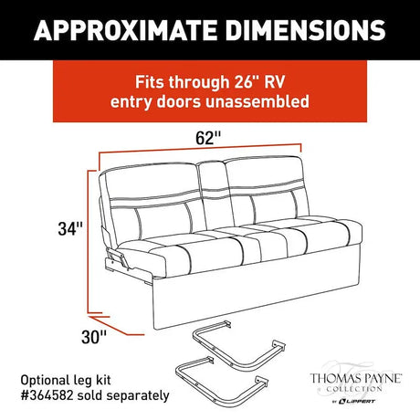 RV Jacknife Sofa-62’ with Euro Leather Vinyl showing dimensions for Lippert 2020129834