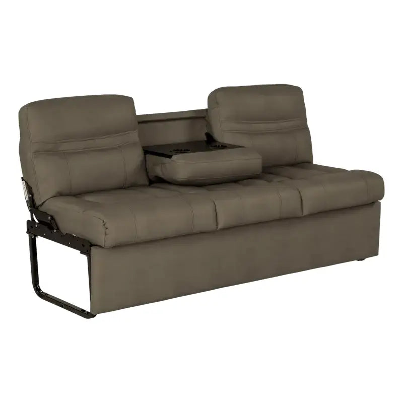 Beige leather Lippert Comp Jacknife Sofa-68 with center console for comfy lounging