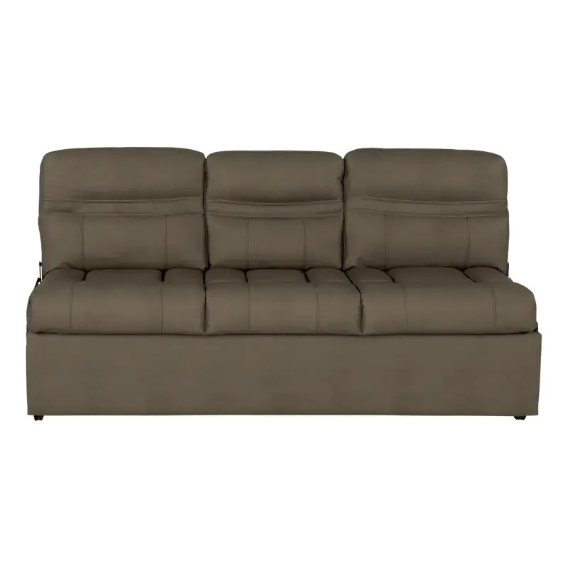 Lippert Comp Jacknife Sofa-68’ with a comfy three-cushion taupe sofa in the pic