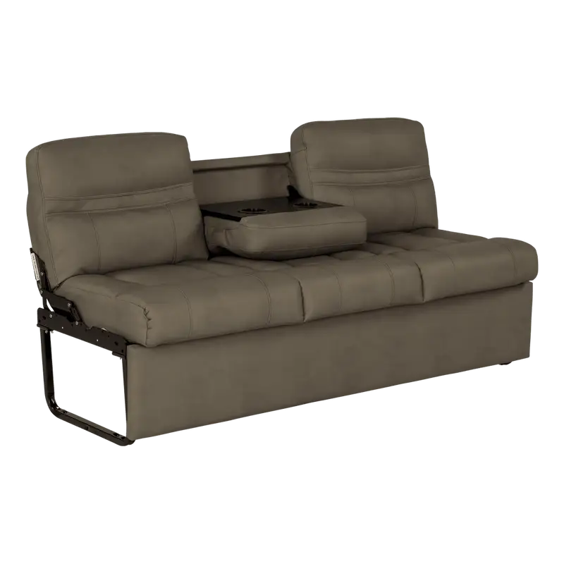 Beige leather Lippert Comp Jacknife Sofa-68 with center console for comfy lounging