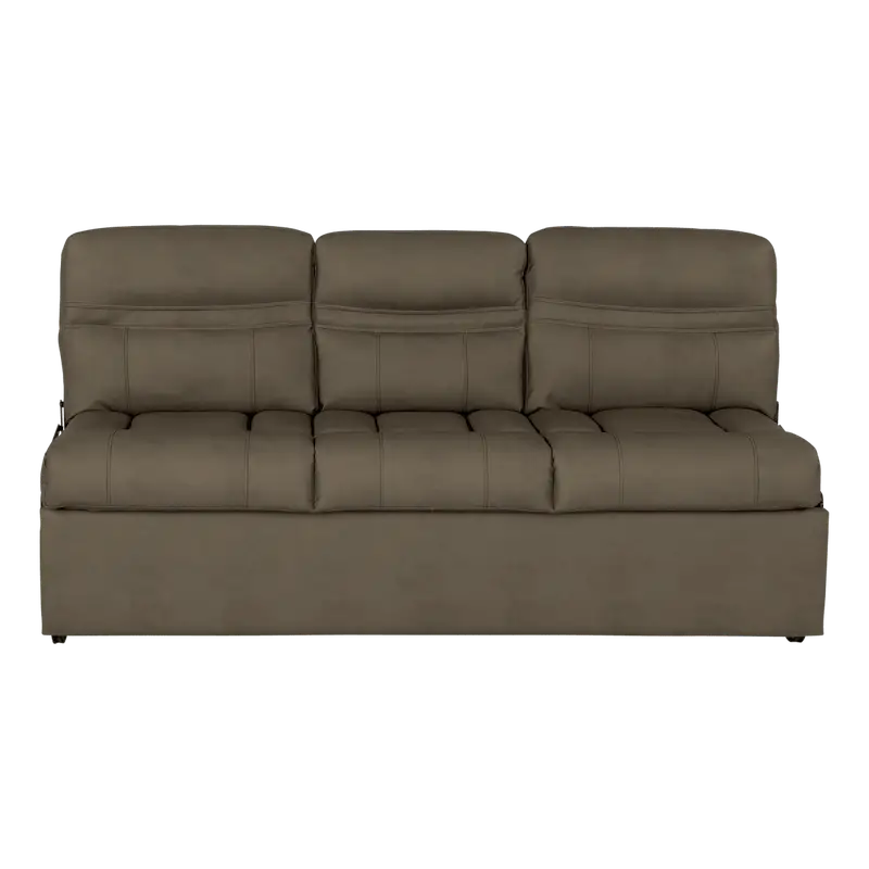 Lippert Comp Jacknife Sofa-68’ with a comfy three-cushion taupe sofa in the pic
