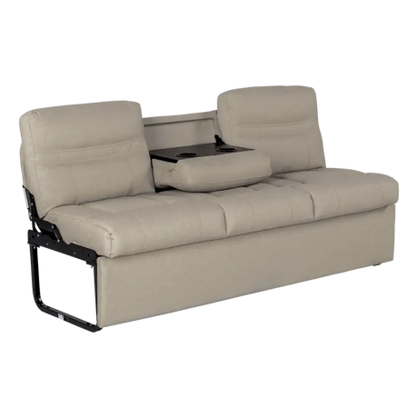 Beige leather Lippert Comp Jacknife Sofa-68 with cup holder for comfy lounging