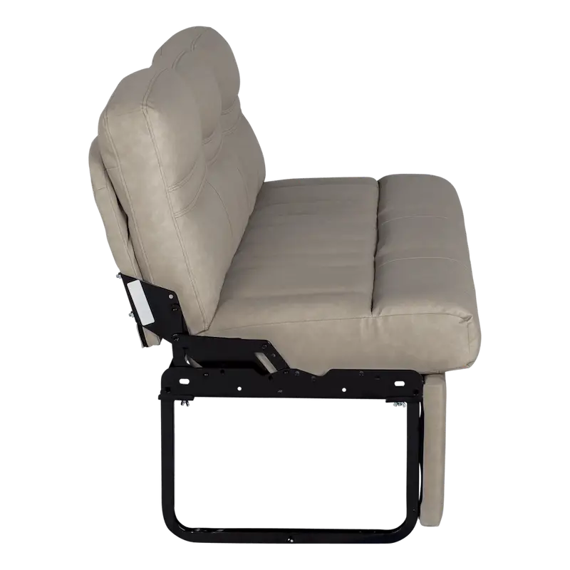 Lippert Comp Jacknife Sofa-68’ beige leatherette sofa with black metal frame for comfy seating
