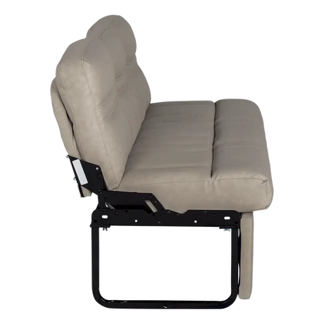 Lippert Comp Jacknife Sofa-68’ beige leatherette sofa with black metal frame for comfy seating