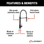 Lippert Comp Coiled Faucet With Toggle 2022109922 - Black SS Pull-Down