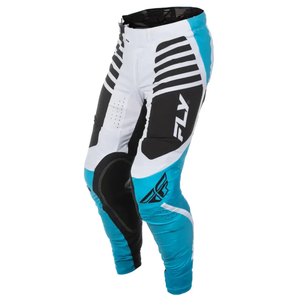 White black and blue motocross pants with FLY logo, perfect for rv parts accessories