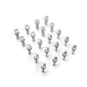 Shiny chrome plated silver lug bolt from a 5-lug kit with 14mm thread size