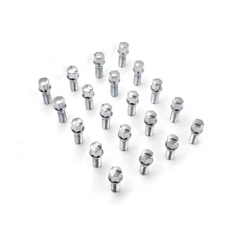 Shiny chrome plated silver lug bolt from a 5-lug kit with 14mm thread size