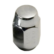 Shiny chrome lug nut with 1/2 inch thread size and conical seat for steel wheels