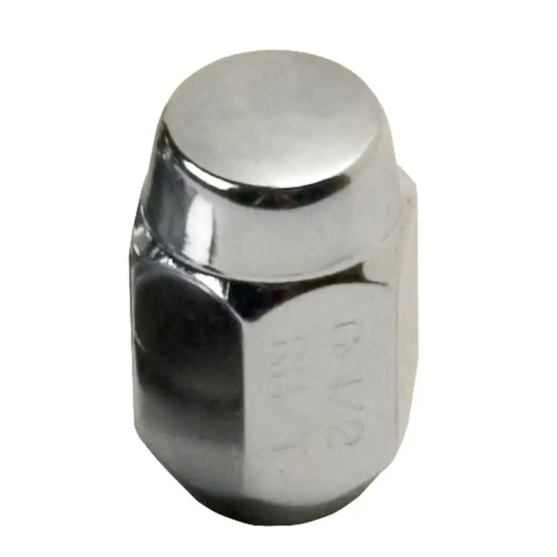 Shiny chrome lug nut with 1/2 inch thread size and conical seat for steel wheels