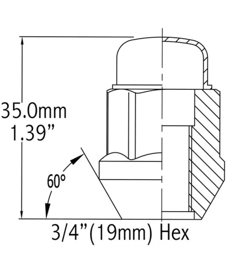 Lug Nut 12 Millimeter X 1.25 Thread Size; 60 Degree Conical Bulge; Acorn; 1.38 Inch Overall Length; 3/4 Hex Chrome