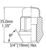 Lug Nut 12 Millimeter X 1.25 Thread Size; 60 Degree Conical Bulge; Acorn; 1.38 Inch Overall Length; 3/4 Hex Chrome