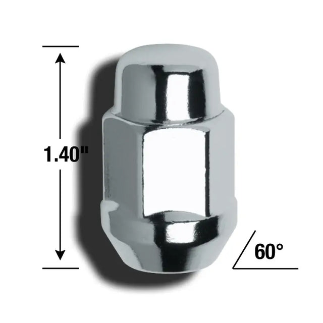 Chrome lug nut with 12mm x 1.5 thread size for steel and aluminum wheels