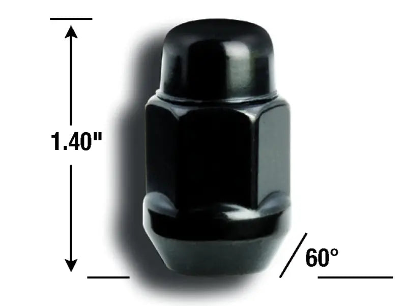 Black chrome lug nut with 12mm x 1.5 thread size and dimensions shown