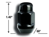 Black chrome lug nut with 12mm x 1.5 thread size and dimensions shown