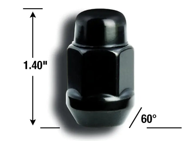 Black chrome lug nut with 12mm x 1.5 thread size and dimensions shown