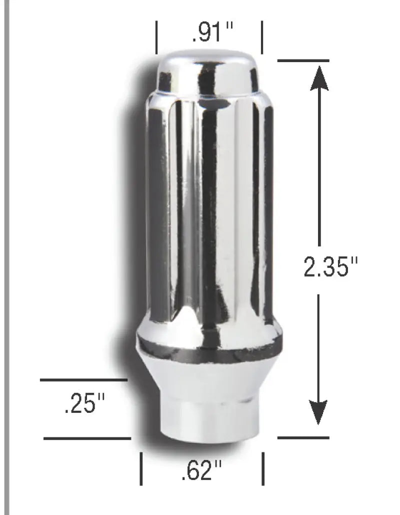 Chrome lug nut with 14mm x 1.5 thread size and dimensions for heavy-duty use