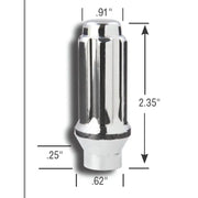 Chrome lug nut with 14mm x 1.5 thread size and dimensions for heavy-duty use