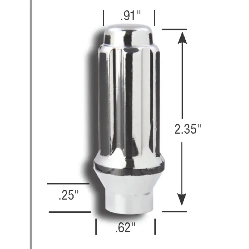 Chrome lug nut with 14mm x 1.5 thread size and dimensions for heavy-duty use