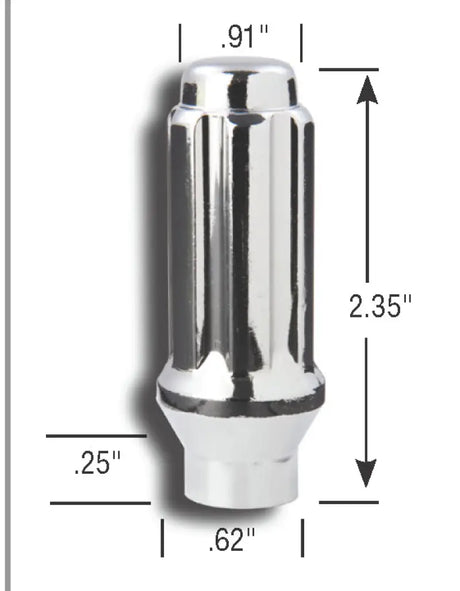 Chrome lug nut with 14mm x 1.5 thread size and dimensions for heavy-duty use