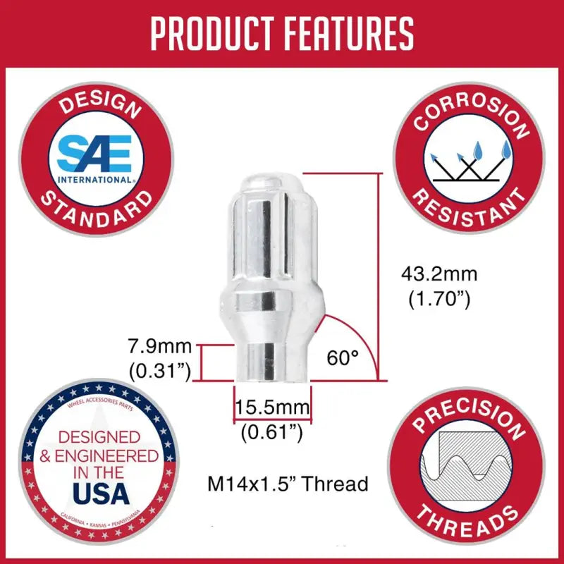 Lug Nut 14 Millimeter X 1.5 Thread Size; 60 Degree Conical; Spline Drive Open End Lug; 1.70 Inch Overall Length;