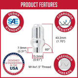 Lug Nut 14 Millimeter X 1.5 Thread Size; 60 Degree Conical; Spline Drive Open End Lug; 1.70 Inch Overall Length;