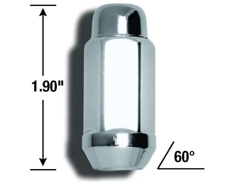 Chrome lug nut with dimensions.
