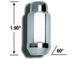 Chrome lug nut with dimensions.