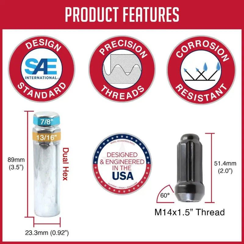 Lug Nut 6 Kit; 14 Millimeter x 1.5 Thread Size; 60 Degree Conical; Spline Drive; Acorn; 1.90 Inch Overall Length; Tool;
