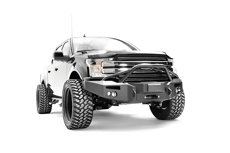 Black lifted pickup truck with M3852-1 Fab Fours bracket for 20-21 Ford Raptor