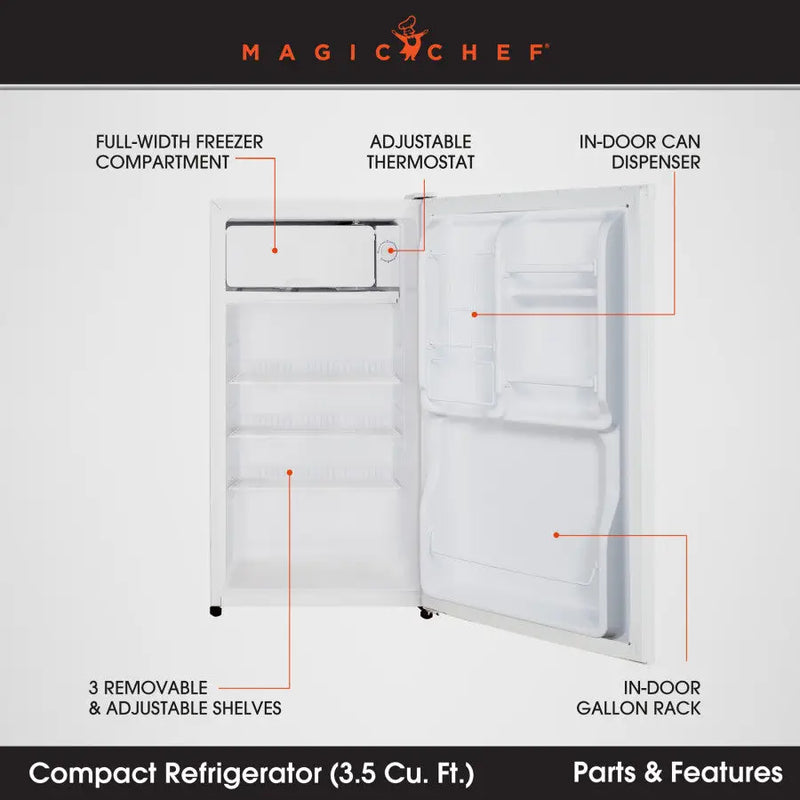 Magic Chef Built-In Can Dispenser Saves Space Refrigerator MCBR350W2 - 3.5 CU FT Manual Defro