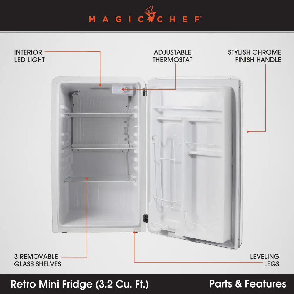 Magic Chef Easy To Manual Defrost Refrigerator MCR32CHW - 3.2 Cuft Refridgerator Retro