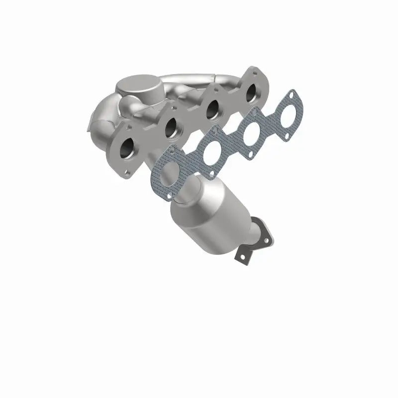 A V6 engine exhaust manifold and catalytic converter kit with gaskets.