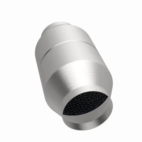 Silver metal cylinder with honeycomb mesh.