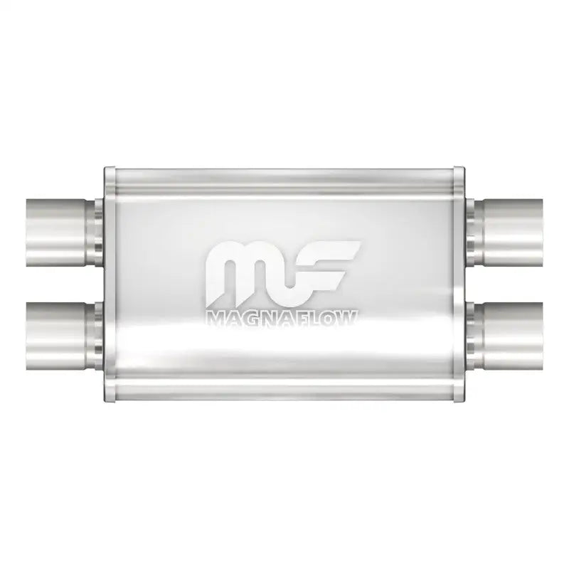 MagnaFlow Muffler Mag SS 14X4X9 2.5 D/D - Satin finish stainless steel, dual inlet/outlet, straight-through perforated core for maximum flow, universal fit, engineered for performance and sound enhancement.