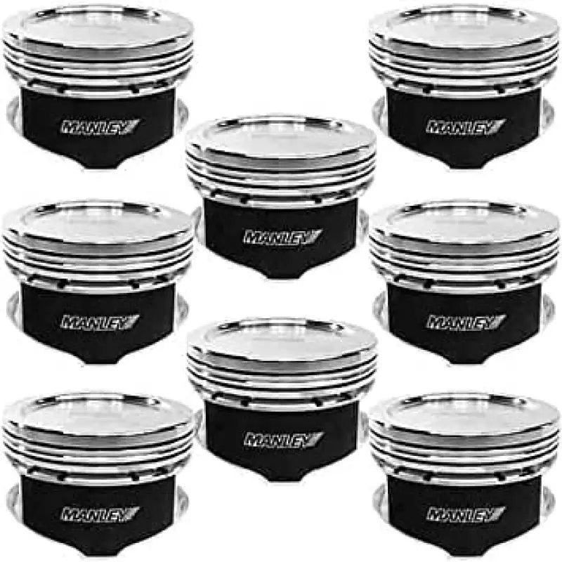 Eight silver and black Ford Coyote duty pistons with 22mm pin platinum finishᐧ