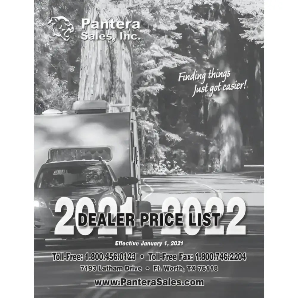 Cover of Pantera Sales Inc. 2021-2022 Dealer Price List with a motorhome traveling on a forest road.