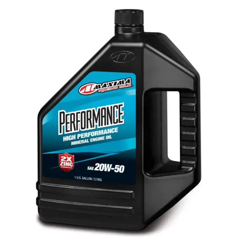 Maxima Performance 50WT Mineral Engine Oil 128oz - Black bottle with blue label featuring "Performance," "High Performance," and "20W-50 SAE" text.